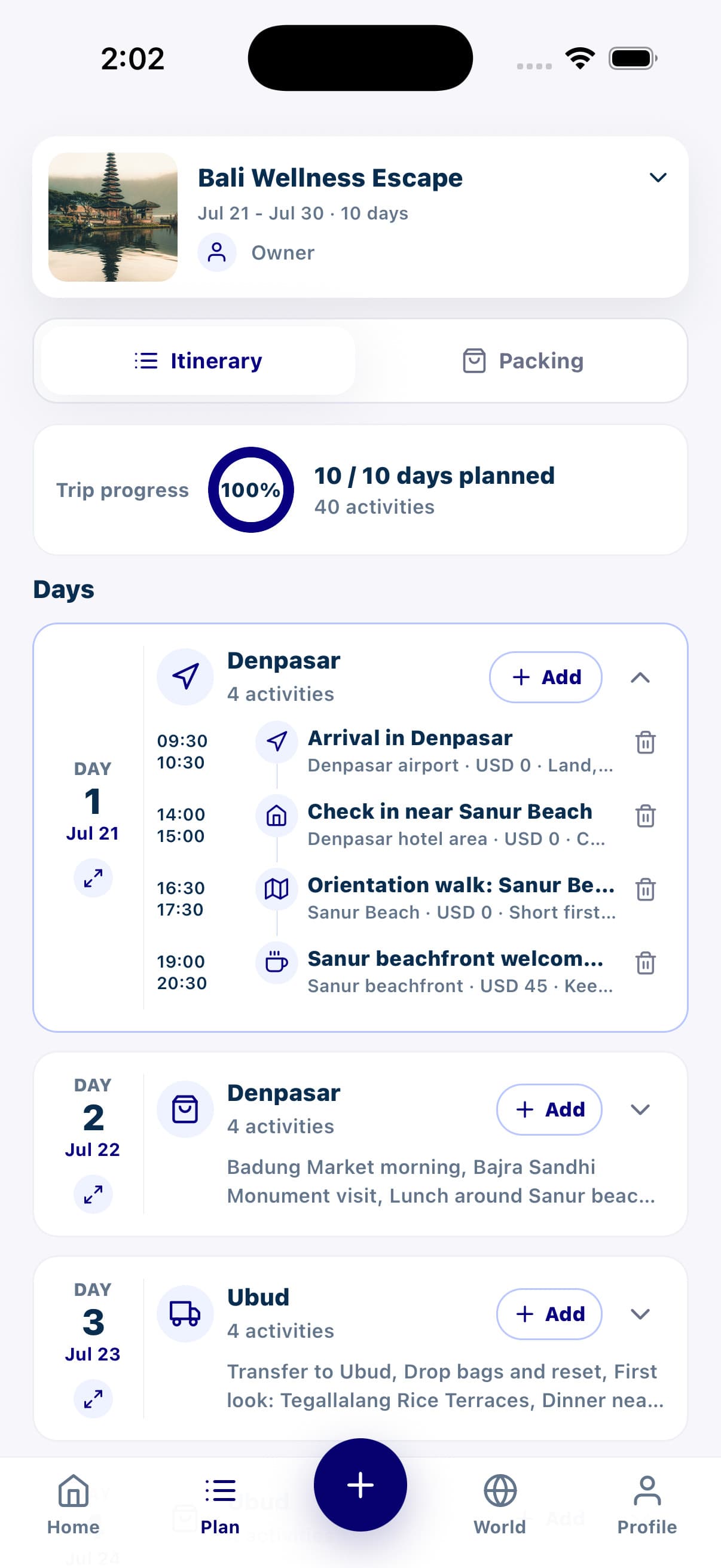Oreviyo itinerary screen with day-by-day activities